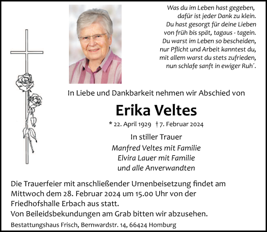 Traueranzeige von Erika Veltes von saarbruecker_zeitung