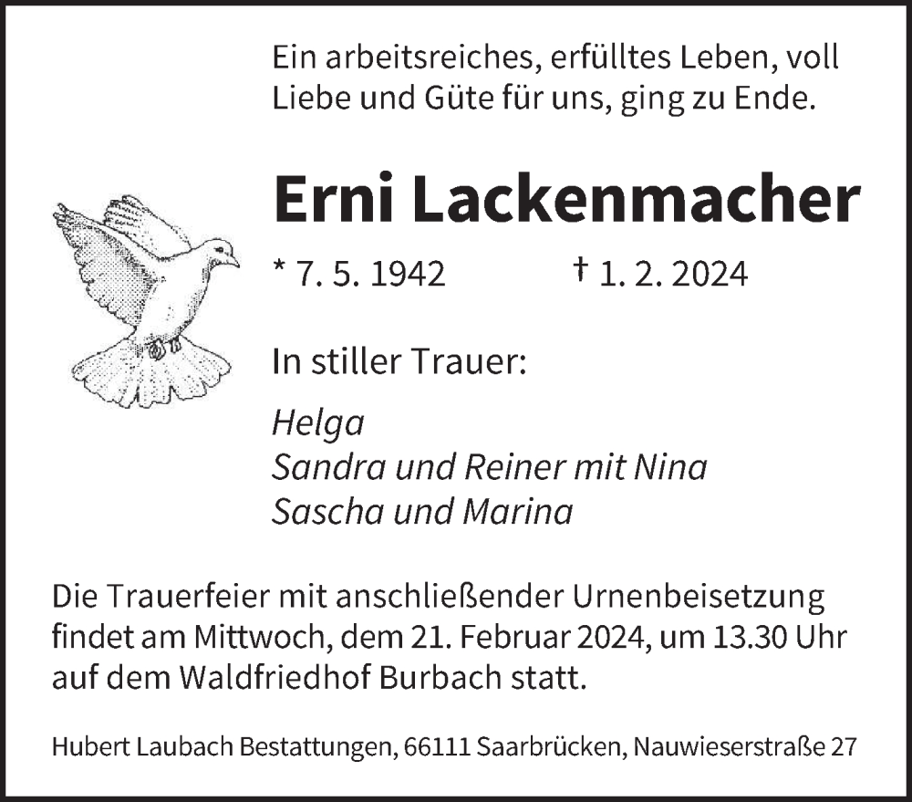  Traueranzeige für Erni Lackenmacher vom 10.02.2024 aus saarbruecker_zeitung