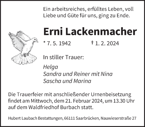 Traueranzeige von Erni Lackenmacher von saarbruecker_zeitung