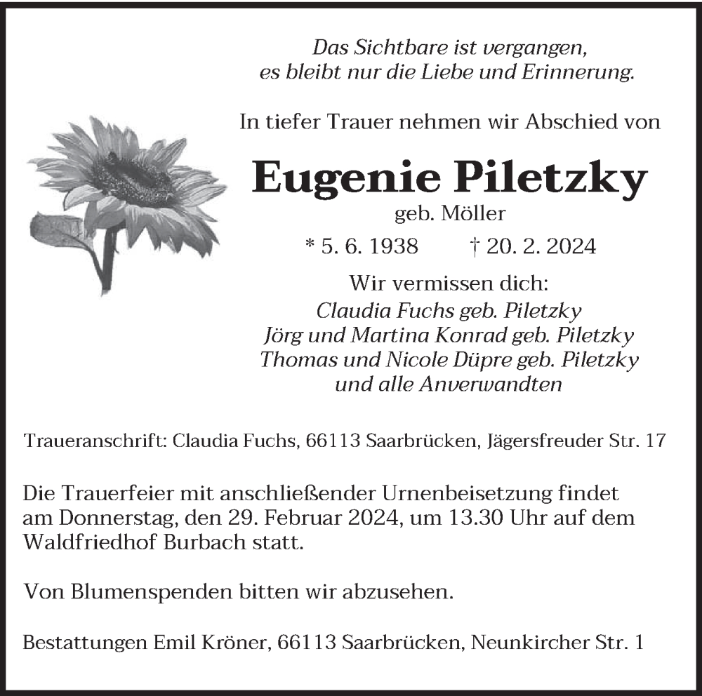  Traueranzeige für Eugenie Piletzky vom 24.02.2024 aus saarbruecker_zeitung