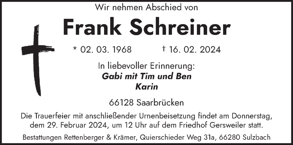  Traueranzeige für Frank Schreiner vom 24.02.2024 aus saarbruecker_zeitung