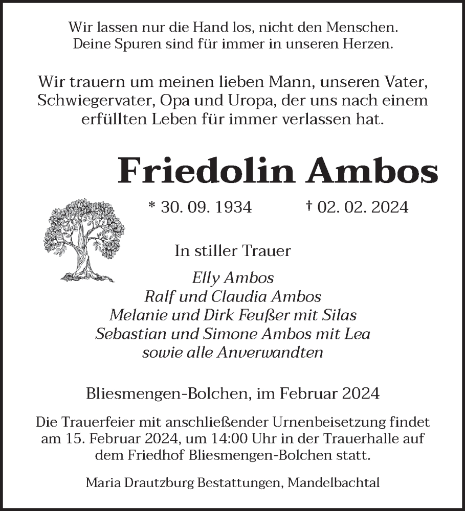  Traueranzeige für Friedolin Ambos vom 10.02.2024 aus saarbruecker_zeitung