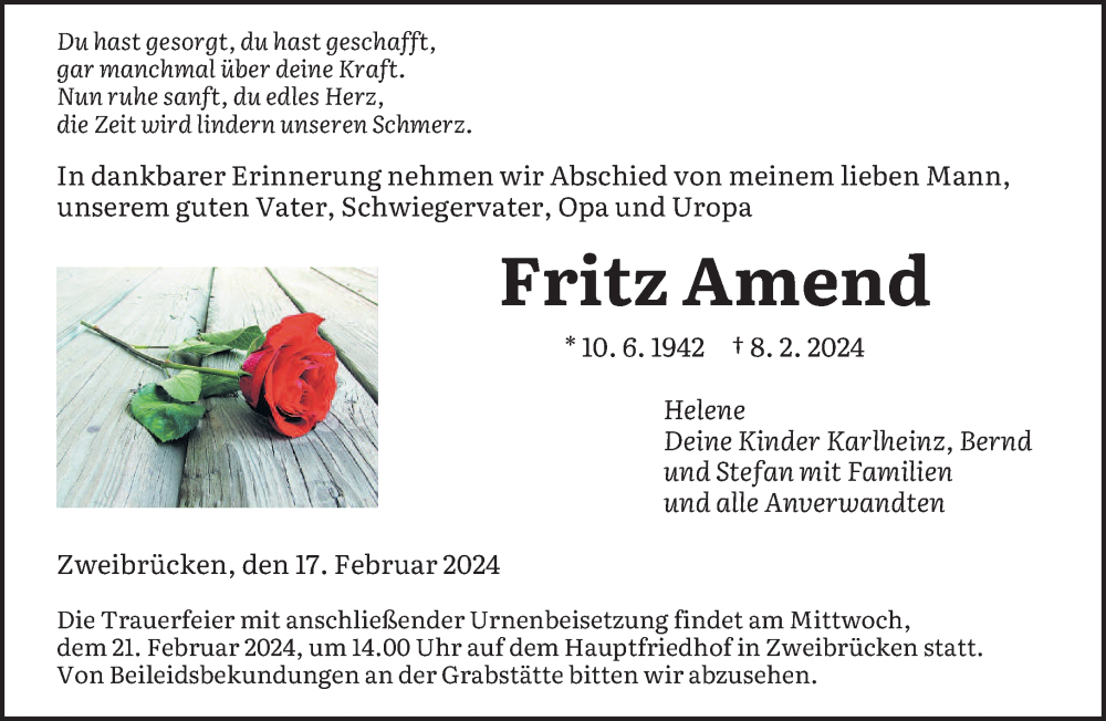  Traueranzeige für Fritz Amend vom 17.02.2024 aus saarbruecker_zeitung