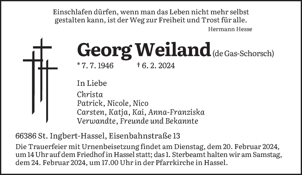  Traueranzeige für Georg Weiland vom 10.02.2024 aus saarbruecker_zeitung