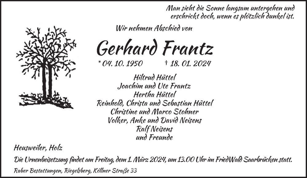  Traueranzeige für Gerhard Frantz vom 24.02.2024 aus saarbruecker_zeitung