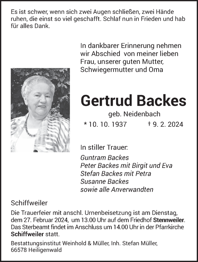  Traueranzeige für Gertrud Backes vom 24.02.2024 aus saarbruecker_zeitung