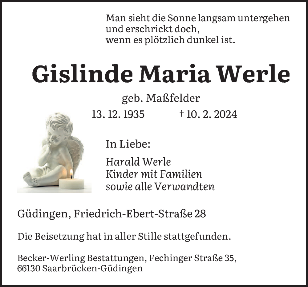 Traueranzeige für Gislinde Werle vom 24.02.2024 aus saarbruecker_zeitung