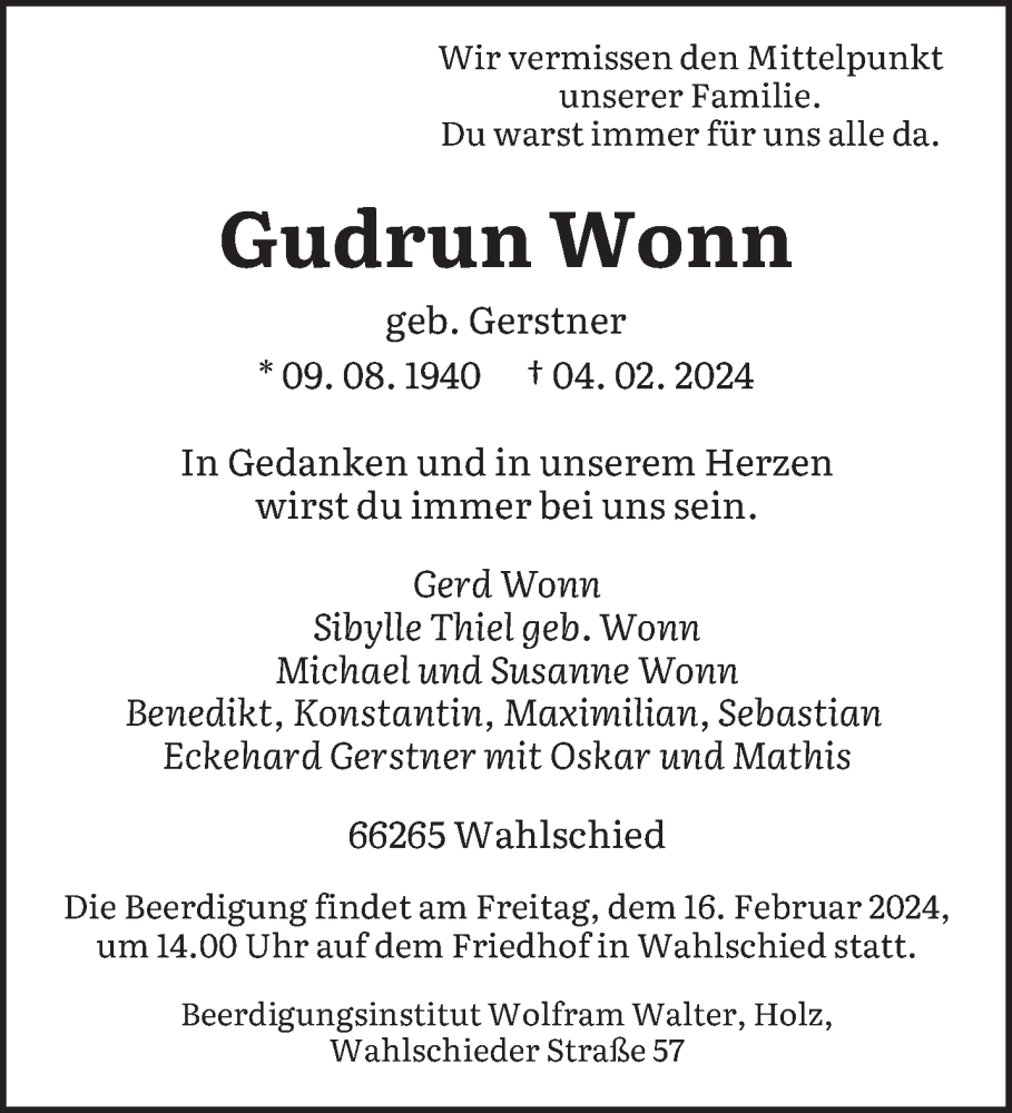  Traueranzeige für Gudrun Wonn vom 10.02.2024 aus saarbruecker_zeitung