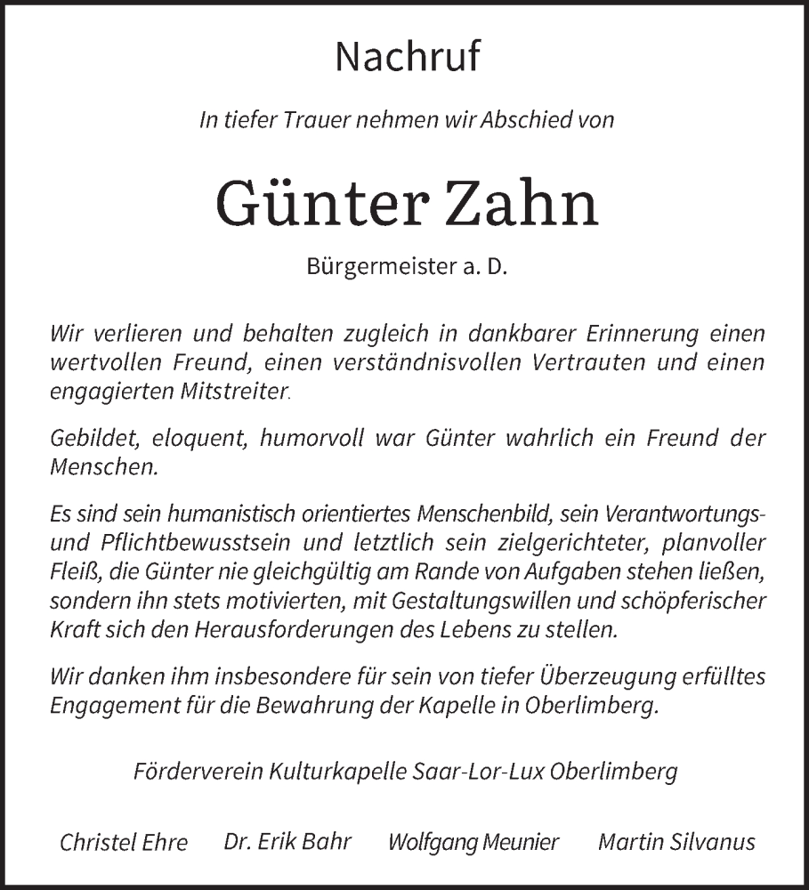  Traueranzeige für Günter Zahn vom 10.02.2024 aus saarbruecker_zeitung