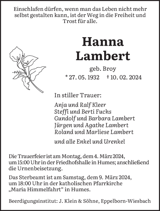 Traueranzeige von Hanna Lambert von saarbruecker_zeitung