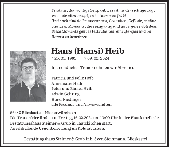 Traueranzeige von Hans Heib von saarbruecker_zeitung