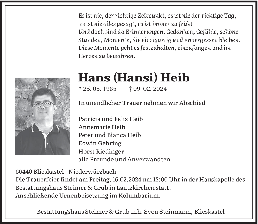  Traueranzeige für Hans Heib vom 12.02.2024 aus saarbruecker_zeitung