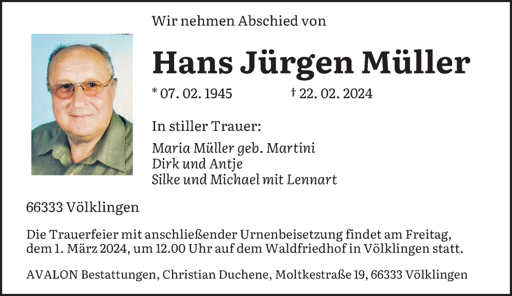  Traueranzeige für Hans Jürgen Müller vom 28.02.2024 aus saarbruecker_zeitung