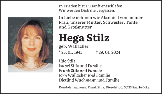 Traueranzeige von Hega Stilz von saarbruecker_zeitung