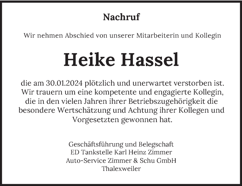  Traueranzeige für Heike Hassel vom 10.02.2024 aus saarbruecker_zeitung