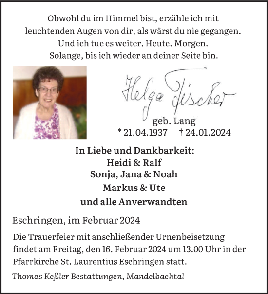 Traueranzeige von Helga Fischer von saarbruecker_zeitung