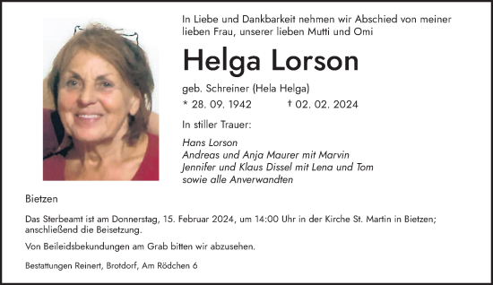 Traueranzeige von Helga Lorson von saarbruecker_zeitung