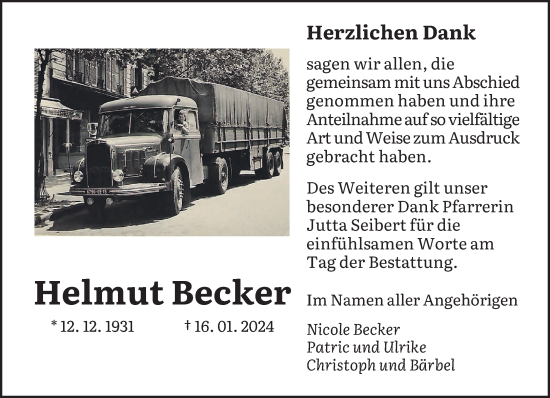 Traueranzeige von Helmut Becker von saarbruecker_zeitung