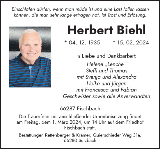 Traueranzeige von Herbert Biehl von saarbruecker_zeitung