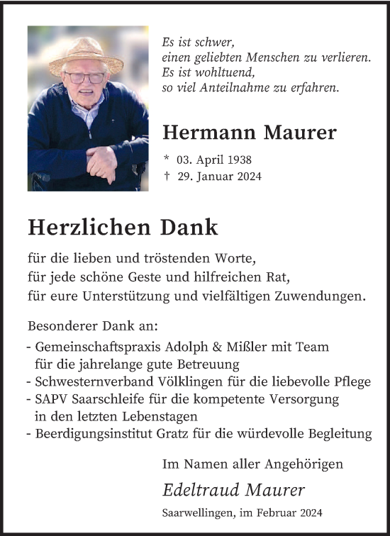 Traueranzeige von Hermann Maurer von saarbruecker_zeitung