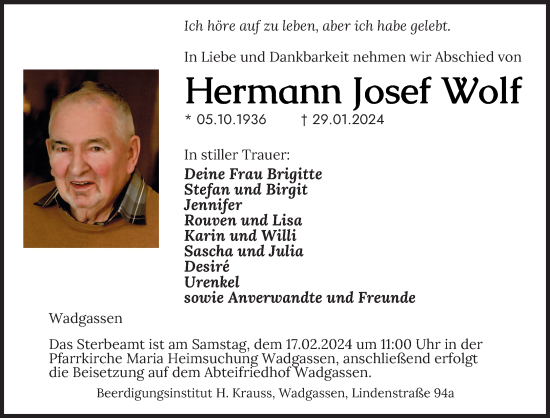 Traueranzeige von Hermann Josef Wolf von saarbruecker_zeitung