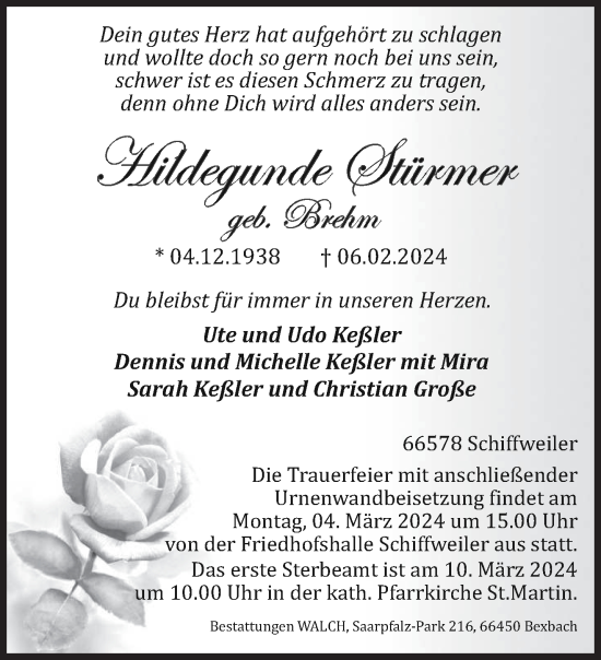 Traueranzeige von Hildegunde Stürmer von saarbruecker_zeitung