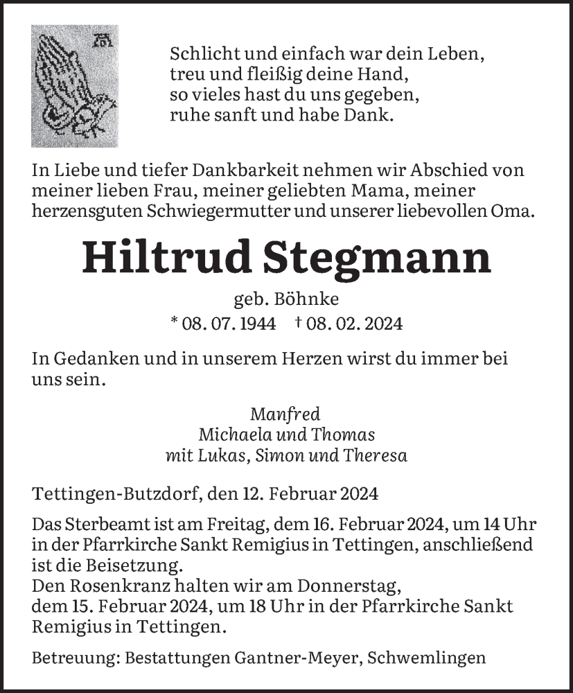  Traueranzeige für Hiltrud Stegmann vom 13.02.2024 aus saarbruecker_zeitung