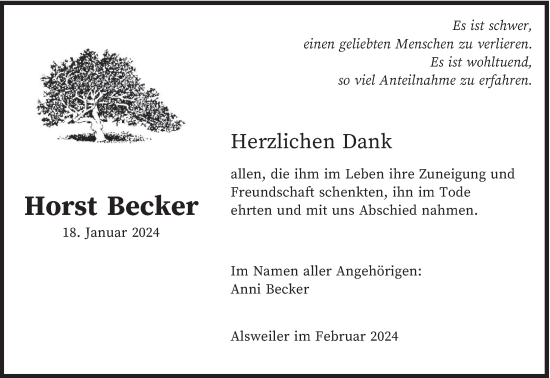 Traueranzeige von Horst Becker von saarbruecker_zeitung