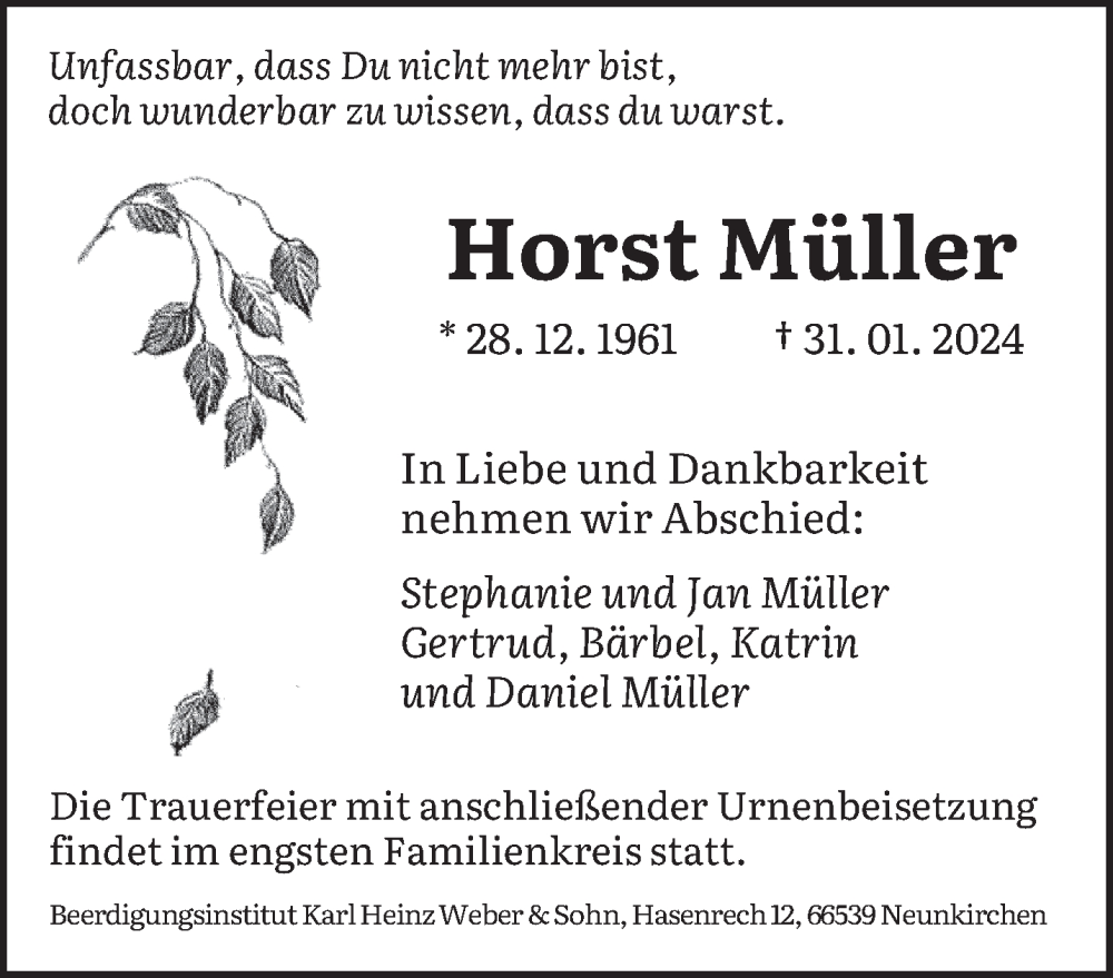  Traueranzeige für Horst Müller vom 17.02.2024 aus saarbruecker_zeitung