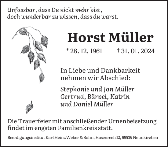 Traueranzeige von Horst Müller von saarbruecker_zeitung