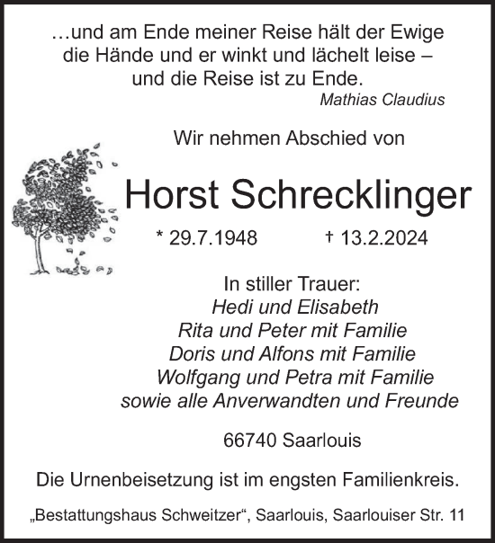Traueranzeige von Horst Schrecklinger von saarbruecker_zeitung