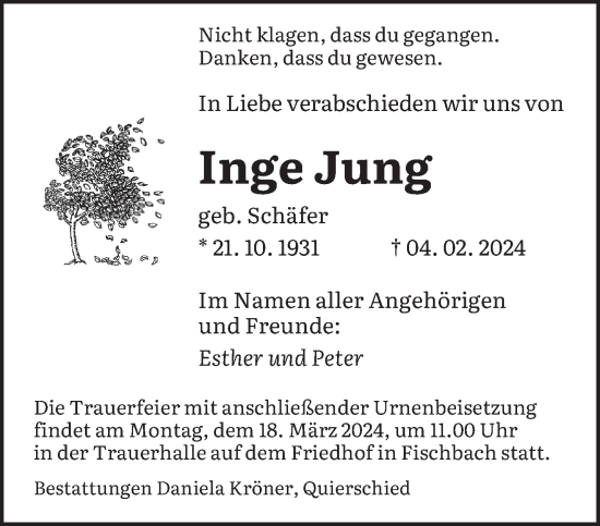 Traueranzeige von Inge Jung von saarbruecker_zeitung