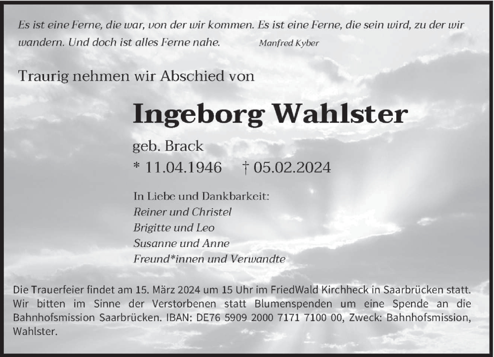  Traueranzeige für Ingeborg Wahlster vom 24.02.2024 aus saarbruecker_zeitung