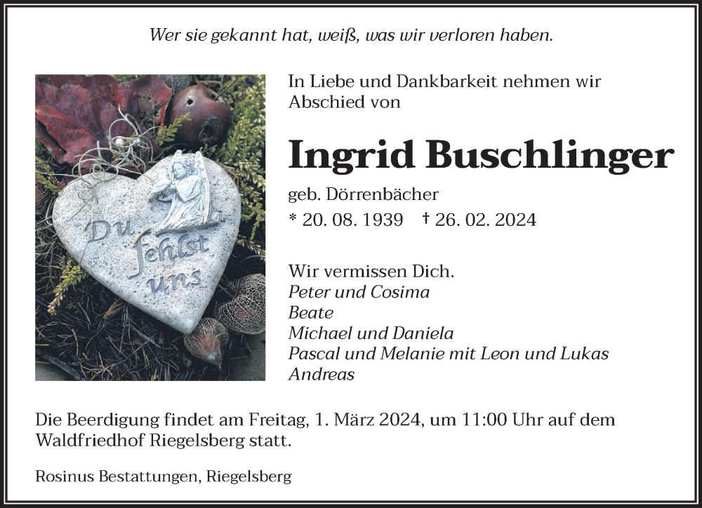  Traueranzeige für Ingrid Buschlinger vom 28.02.2024 aus saarbruecker_zeitung