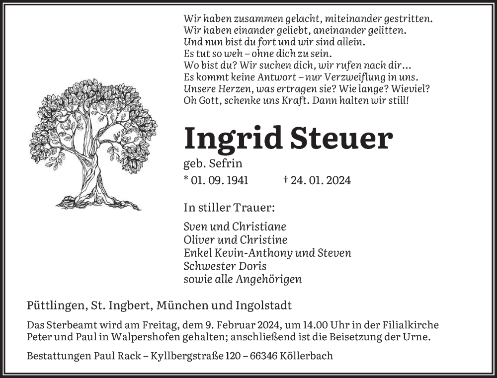  Traueranzeige für Ingrid Steuer vom 03.02.2024 aus saarbruecker_zeitung