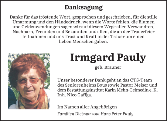 Traueranzeige von Irmgard Pauly von saarbruecker_zeitung