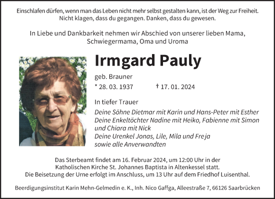 Traueranzeige von Irmgard Pauly von saarbruecker_zeitung