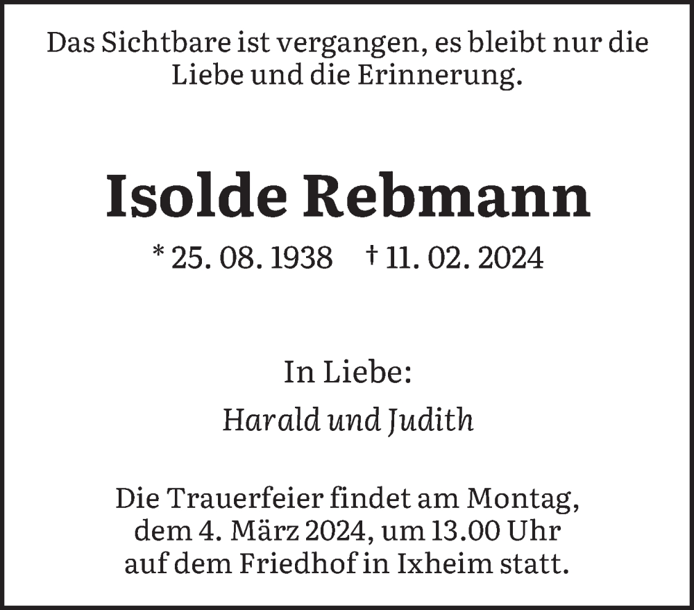  Traueranzeige für Isolde Rebmann vom 28.02.2024 aus saarbruecker_zeitung