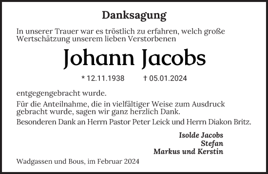 Traueranzeige von Johann Jacobs von saarbruecker_zeitung