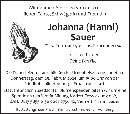 Traueranzeige von Johanna Sauer von saarbruecker_zeitung