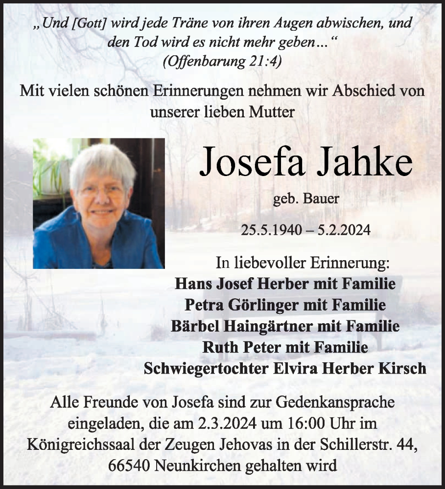  Traueranzeige für Josefa Jahke vom 24.02.2024 aus saarbruecker_zeitung