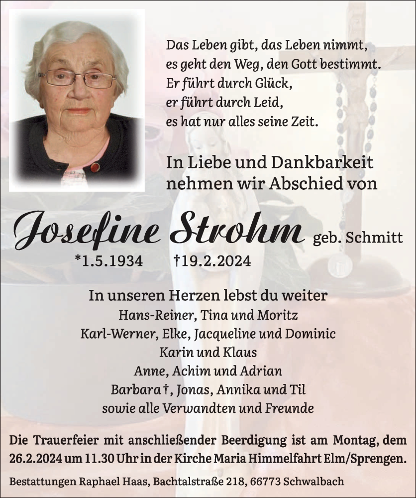  Traueranzeige für Josefine Strohm vom 24.02.2024 aus saarbruecker_zeitung