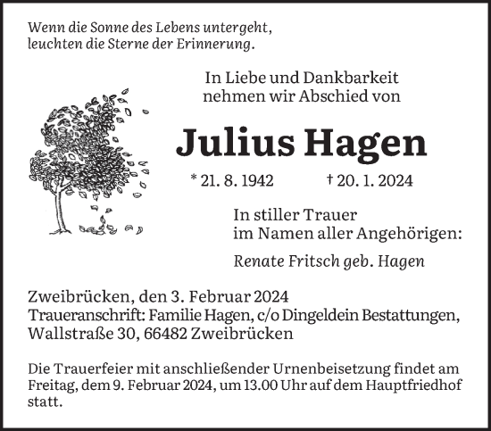 Traueranzeige von Julius Hagen von saarbruecker_zeitung