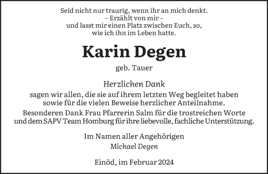 Traueranzeige von Karin Degen von saarbruecker_zeitung