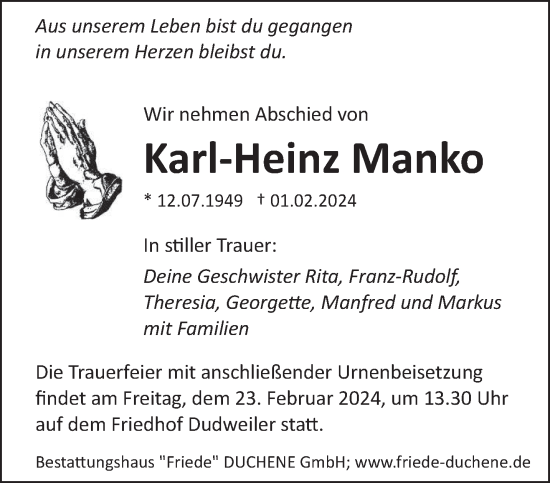 Traueranzeige von Karl-Heinz Manko von saarbruecker_zeitung