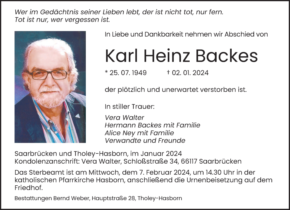  Traueranzeige für Karl Heinz Backes vom 03.02.2024 aus saarbruecker_zeitung