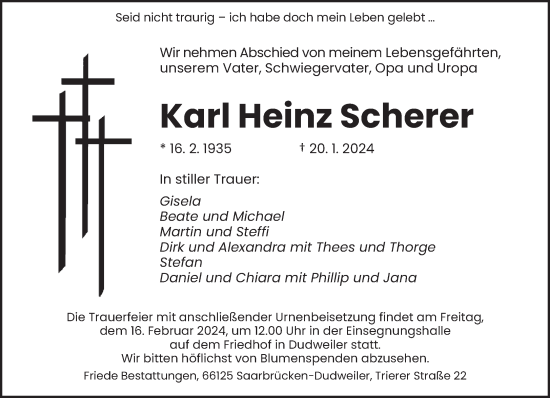 Traueranzeige von Karl Heinz Scherer von saarbruecker_zeitung