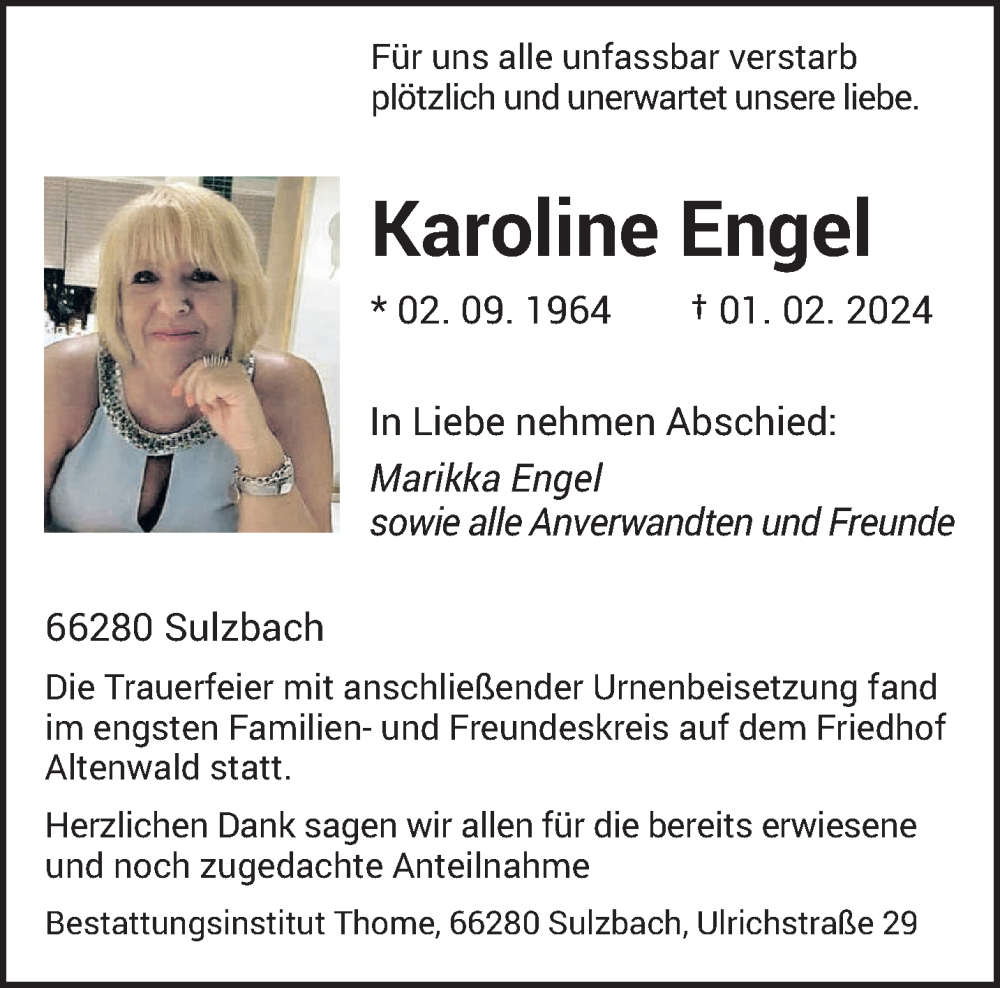  Traueranzeige für Karoline Engel vom 17.02.2024 aus saarbruecker_zeitung