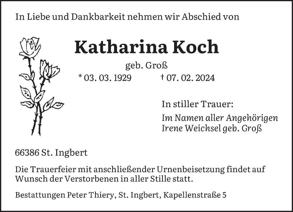  Traueranzeige für Katharina Koch vom 10.02.2024 aus saarbruecker_zeitung
