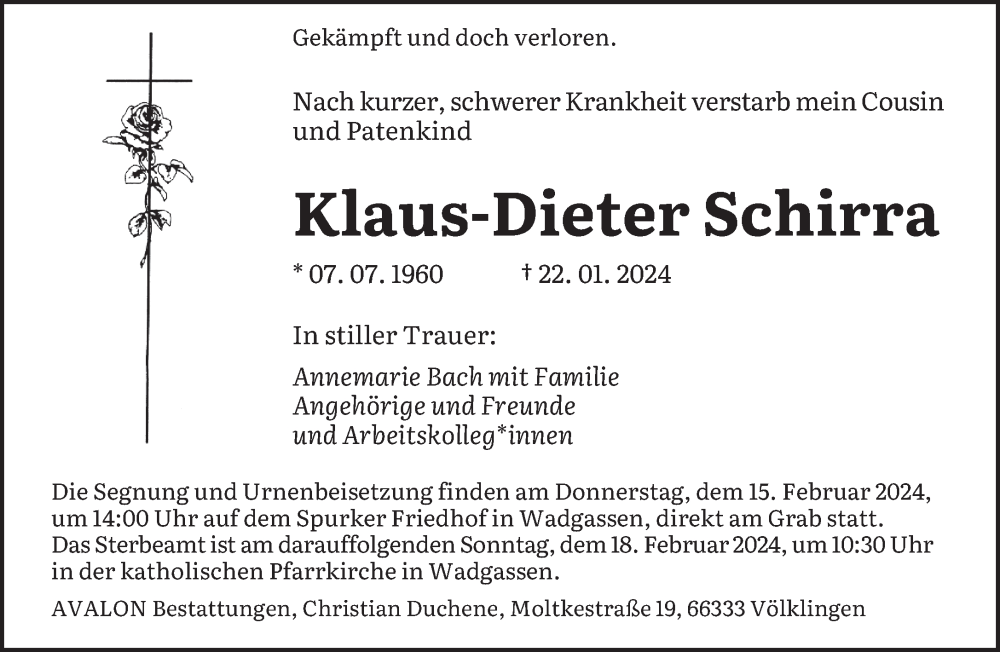  Traueranzeige für Klaus-Dieter Schirra vom 10.02.2024 aus saarbruecker_zeitung